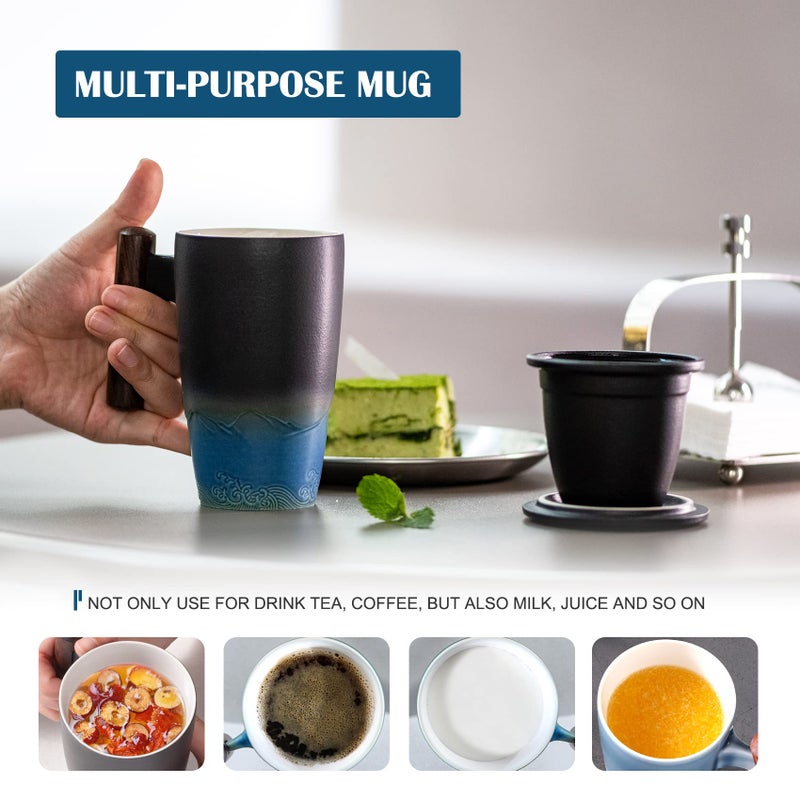 suyika Tomotime Ceramic Tea Cup with Infuser and Lid Tea Mugs Wooden Handle 400ml/13.5oz Black cyan - Image 4